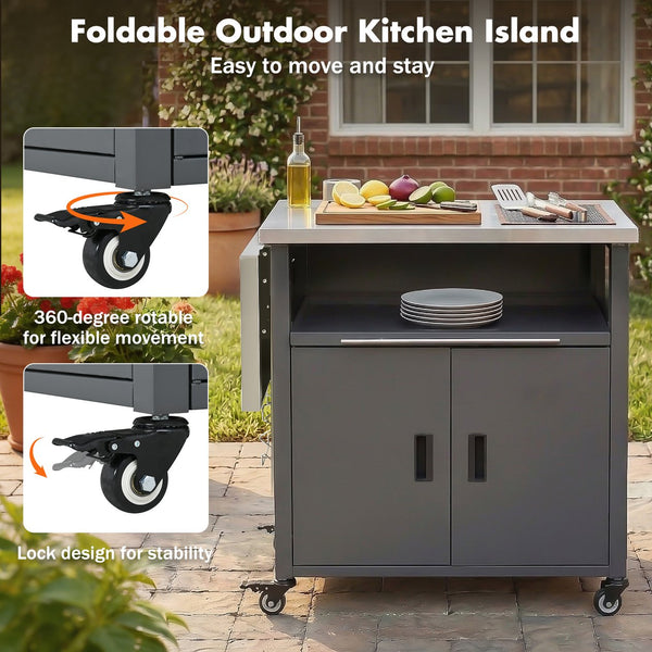 English Elm Outdoor Bbq Prep Cart Rolling Stainless Steel Grill Station with Foldable Work Surface Gray N719P407404E