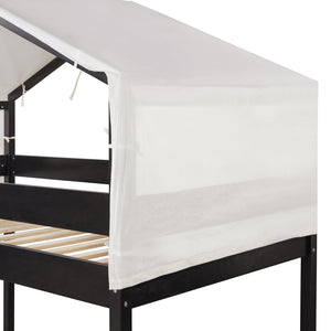 English Elm Twin Over Kids Bunk Bed with Tent Canopy Farmhouse Pinewood Playroom Frame Espresso N708P248523P
