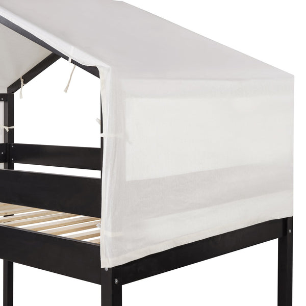 English Elm Twin Over Kids Bunk Bed with Tent Canopy Farmhouse Pinewood Playroom Frame Espresso N708P248523P
