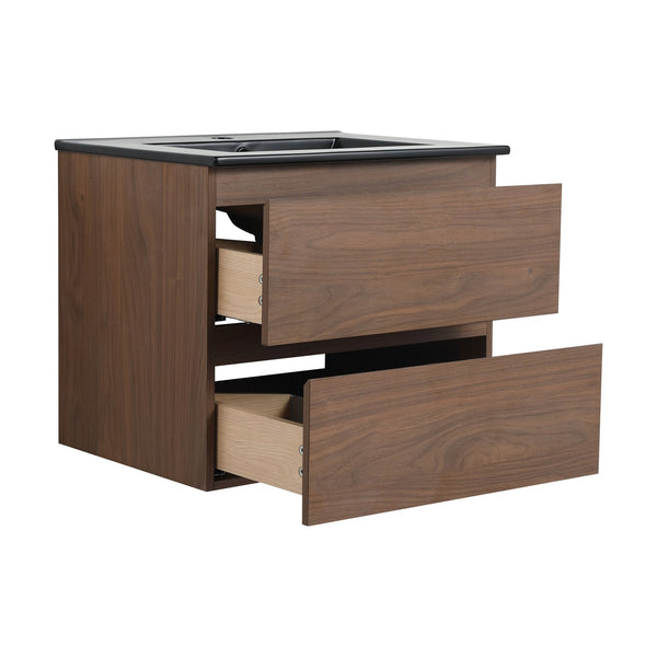English Elm 24" Wall-Mounted Bathroom Vanity With Black Ceramic Sink & 2 Soft-Close Drawers For Stylish Storage W999S00193