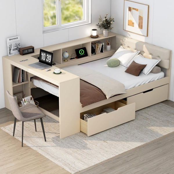 English Elm Wood Full Size Platform Bed With Upholstered Headboard, Storage Solutions & Usb Charging Station GX002108AAC-GIGA