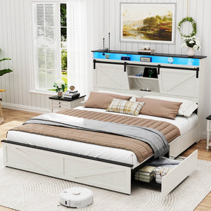 English Elm Farmhouse Full Size Bed Frame With Storage Headboard, Charging Station, Led Lights & Drawers, White W1550P343685
