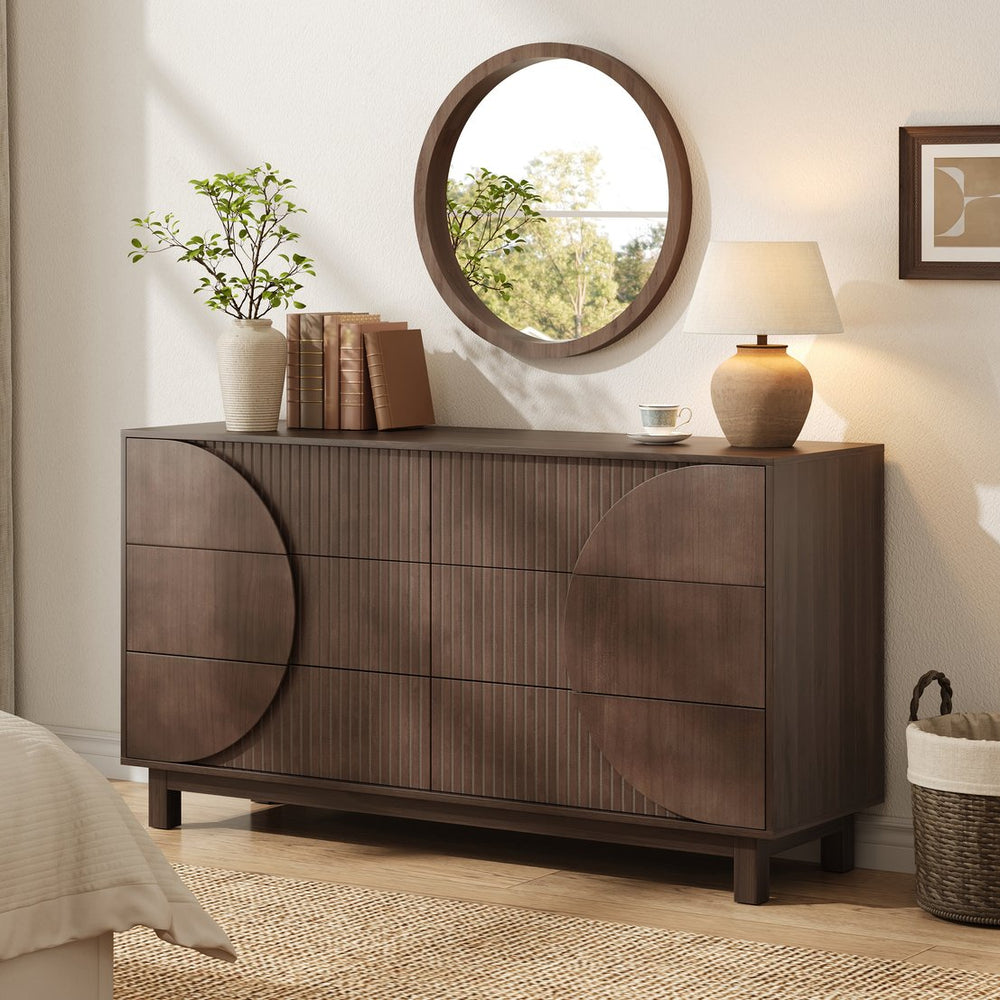 English Elm Modern Fluted 6 Drawer Dresser with Solid Wood Legs Japandi Chest for Bedroom Dark Brown N739S0000015D