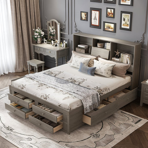 English Elm King Platform Bed with 8 Drawers Open Headboard Compartments and Pine Wood Frame Gray GX000454AAE-1