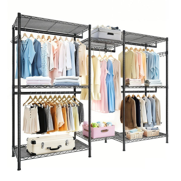 English Elm Heavy Duty Garment Rack — Adjustable 8 Shelves & 5 Rails Freestanding Closet Organizer, Black, Durable W3204P318297
