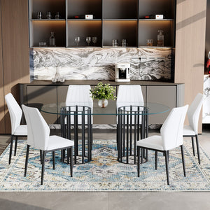 English Elm Table Set Oval Tempered Glass Top with Six Shell Back Pu Chairs Modern Dining Room W1151S04757