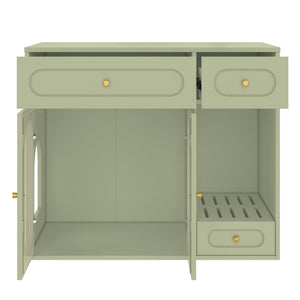 English Elm Cat Litter Box Cabinet with Led Lighting Acrylic Doors and Drawer Storage End Table Green N704P402444F