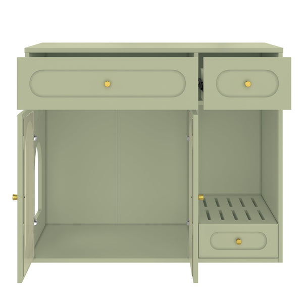 English Elm Cat Litter Box Cabinet with Led Lighting Acrylic Doors and Drawer Storage End Table Green N704P402444F