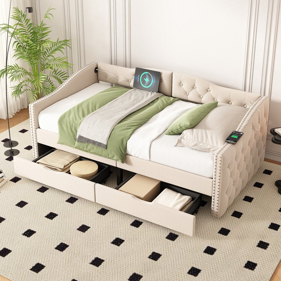 English Elm Upholstered Twin Daybed with Linen Tufted Back Nailhead Arms and Storage Drawers W1670P391274