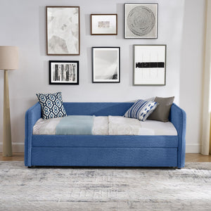 English Elm Daybed Boucle Upholstered Tufted Twin Trundle Sofa for Guest Bedroom Studio Lounge Blue W1413S00173
