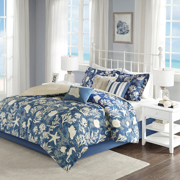 English Elm 7 Piece Cotton Sateen Comforter Set In Soft Blue - Elegant Coastal Design For Queen Bed & Cozy Comfort B03597054