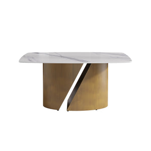 English Elm 63" Modern Dining Table With Curved White Sintered Stone Top & Bronze Iron Legs For 6-8 People W1535S00357