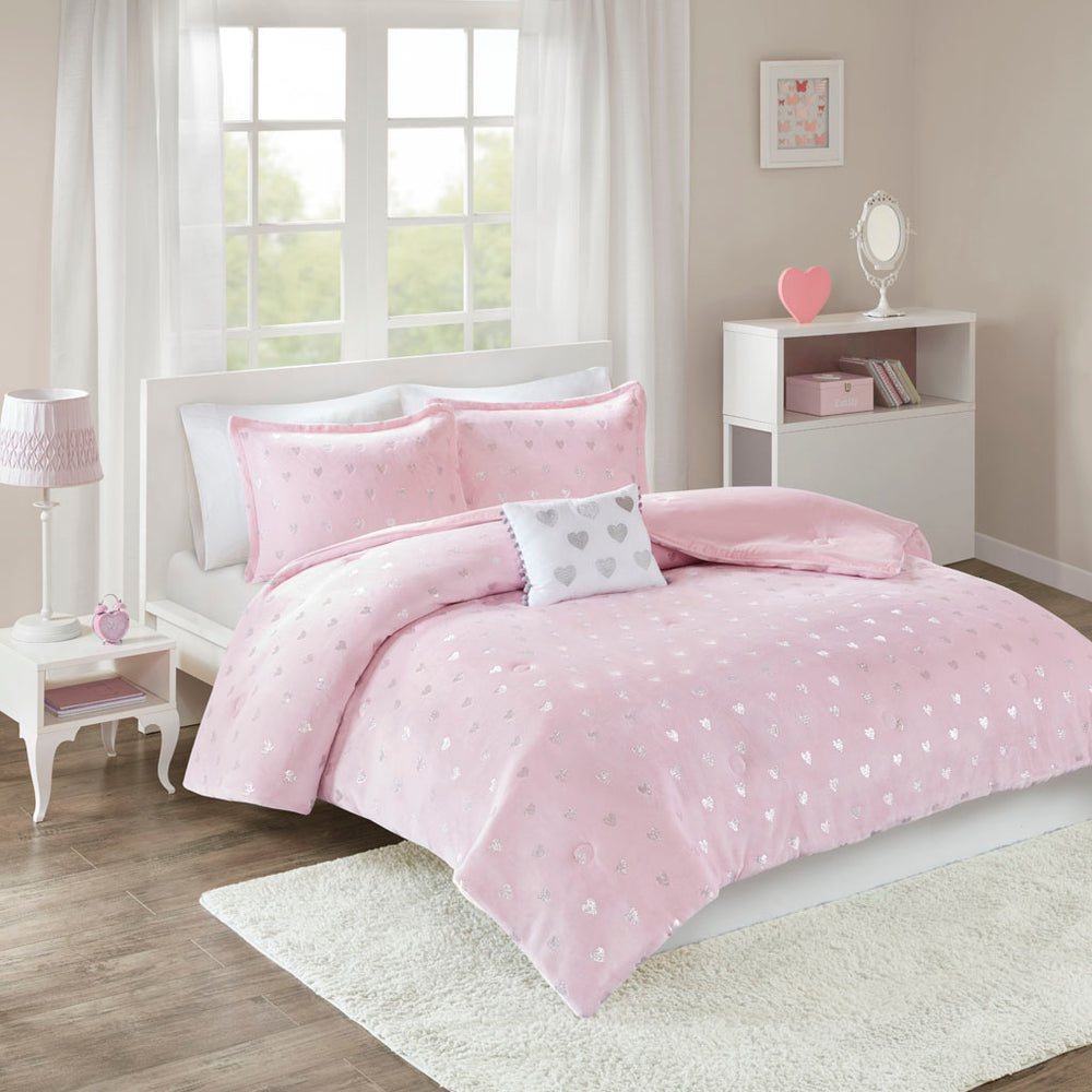 JLA Home Mi Zone - Metallic Rosalie Plush Comforter Set with Shimmer Heart Print, OEKO-TEX Certified Cozy Luxe Pink/Silver MZ10-0571