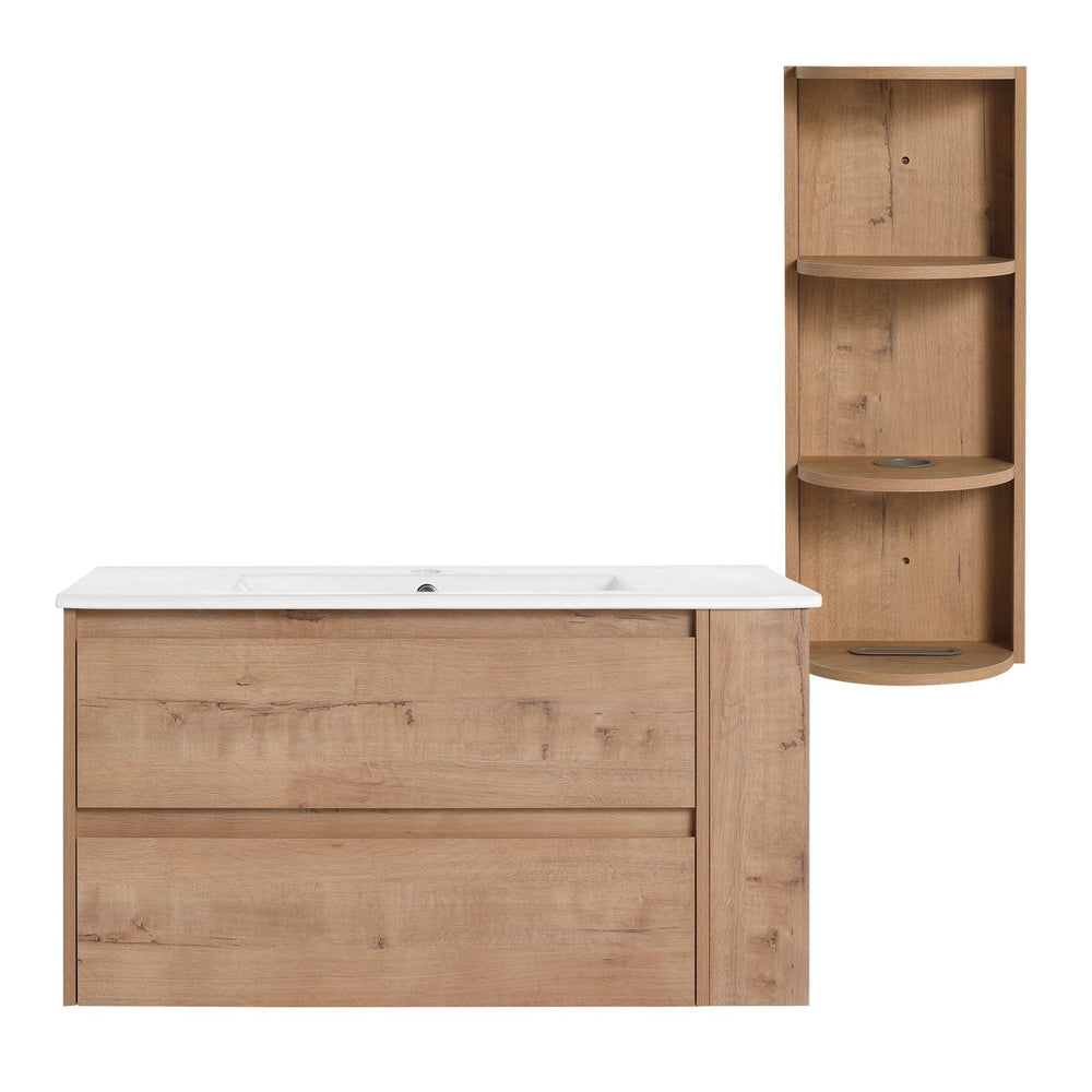 English Elm 36" Wall-Mounted Bathroom Vanity With Ceramic Sink, Dual Soft-Close Drawers & Side Rack Storage, Durable KD Packing W999S00344