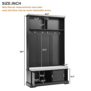 English Elm On-Trend Stylish Hall Tree With Sliding Doors, 6 Hooks, Cushion Bench & Smart Storage For Entryways N721P205787B-GIGA