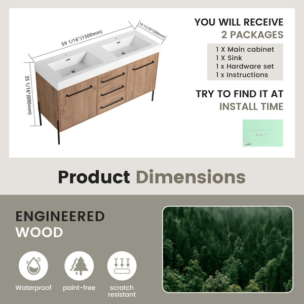 English Elm 60" Freestanding Double Sink Bathroom Vanity with Soft-close Doors and Three Drawers W999S00528