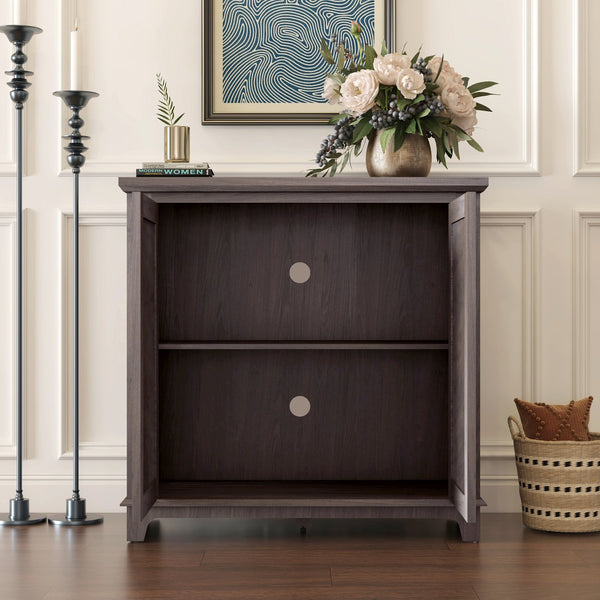 English Elm Elegant Mirrored Sideboard with Butterfly Carved Doors Wood Grain Finish Dining Storage Dark Brown W2899P372739