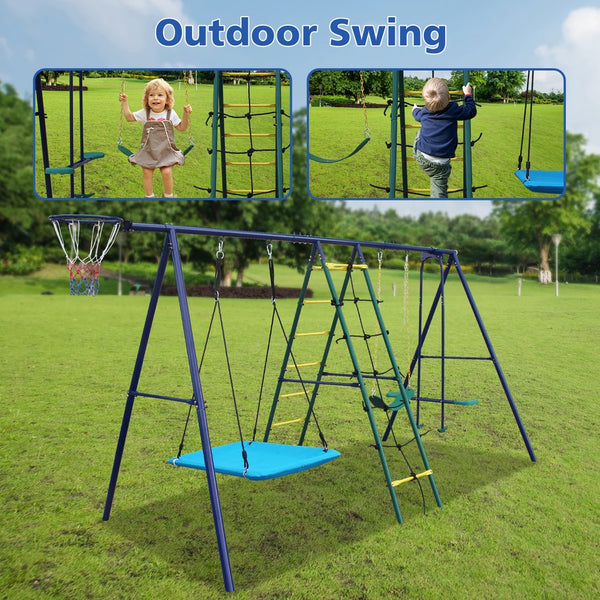 English Elm 6 Activity Steel A-frame Backyard Swing Set with Hammock Glider Climbing Net Hoop W1408P367264