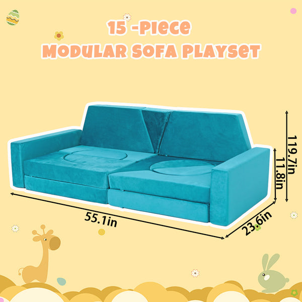 English Elm 15pcs Modular Toddler Play Couch Set Velvet Foam Fort Building Playroom Seating Cyan T5880P493416