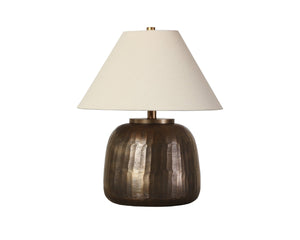 Sunpan PRADIVA Table Lamp - Hand-Hammered Metal Base with Antique Brass Finish, Tapered Linen Shade for Cozy Glow 112231