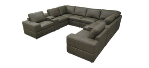 English Elm Premium Leather Match Sectional with Dual Recliners Square Arms and Console Storage Olive Green B2748S00148