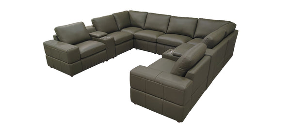 English Elm Premium Leather Match Sectional with Dual Recliners Square Arms and Console Storage Olive Green B2748S00148