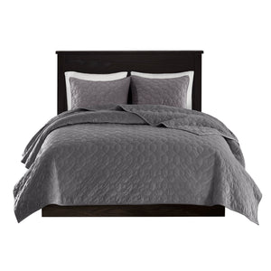 English Elm 3 Piece Velvet Quilt Set Full/Queen with Geometric Quilt Design, Antimicrobial Finish for Fresh Comfort Grey 17.72 L x 16.14 W x 7.09 H B03597475