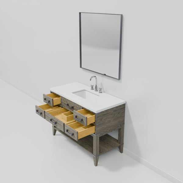 English Elm Grey Oak Single Bath Vanity Set With White Quartz Top, Chrome Faucet & 46” Mirror - Modern Elegance B2731S02112