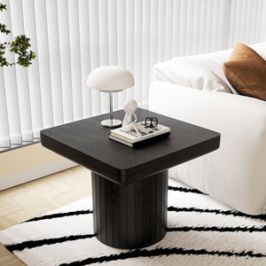 English Elm 23.6'' Square Wood Veneer Accent Table Parquet Top Sculptural Cylindrical Base Matte Finish W1435P419310