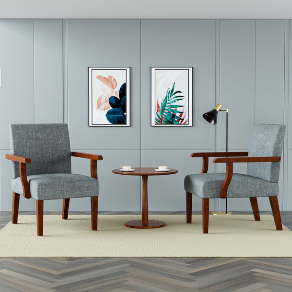 English Elm Fabric Accent Arm Chair Set with Round Wood Side Table — Durable Hardwood Frame, Cozy Seating for Small Spaces Grey W1420P188103