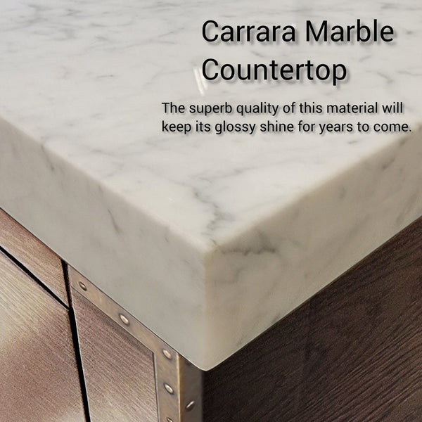 English Elm Grey Oak Double Bath Vanity With Carrara Marble Top, Mirrors, & Ample Storage For Modern Elegance B2731S01619