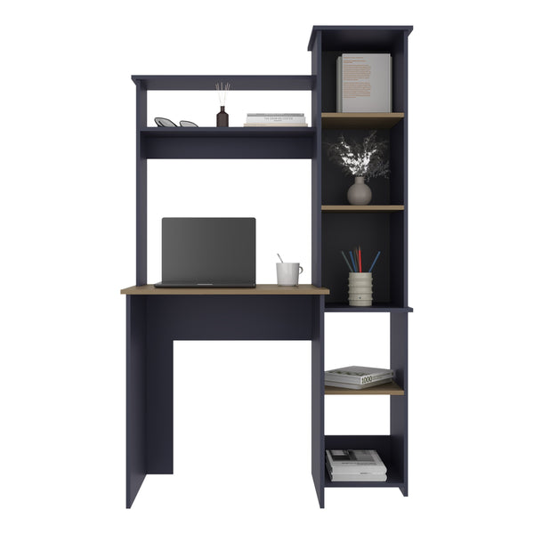 English Elm Computer Desk Kronos Blue & Natural Oak with Hutch and Side Bookshelf, 64" Modern Home Office Storage, Scratch-Resistant Shelves B128P387092