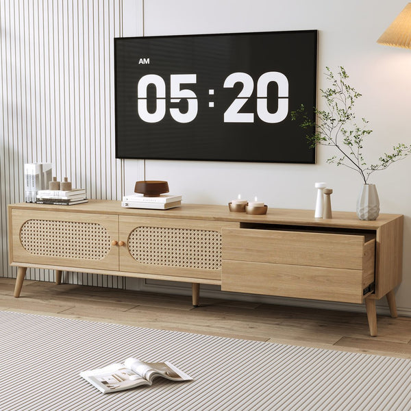 English Elm Boho Rattan-Style TV Stand for TVs up to 80" — Modern Farmhouse Media Console with Storage Drawer and Cable Management N710P222775P