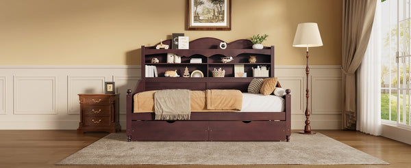 English Elm Twin Daybed Retro Wood Frame with Under Bed Drawers and Headboard Shelving Espresso N733S415358P