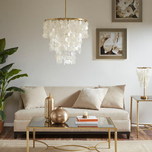 JLA Home INK+IVY - Dimmable Isla Capiz Chandelier by INK+IVY — Gold Layered Shell Pendant, Adjustable Height, Warm Glow MPS150-0093