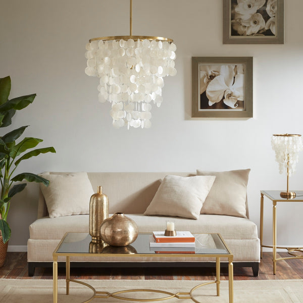 JLA Home INK+IVY - Dimmable Isla Capiz Chandelier by INK+IVY — Gold Layered Shell Pendant, Adjustable Height, Warm Glow MPS150-0093