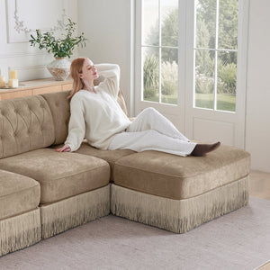 English Elm 4-seater Modular Sectional with Ottomans Tufted Fleece Sofa Tassel Skirt Retro Luxe Camel W714S01701
