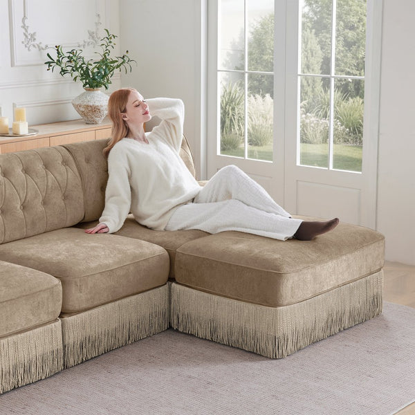 English Elm 4-seater Modular Sectional with Ottomans Tufted Fleece Sofa Tassel Skirt Retro Luxe Camel W714S01701