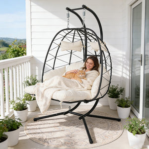 English Elm 2 Person Wicker Hanging Egg Chair with Stand Padded Swing for Patio or Garden T5880P500209