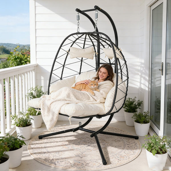 English Elm 2 Person Wicker Hanging Egg Chair with Stand Padded Swing for Patio or Garden T5880P500209