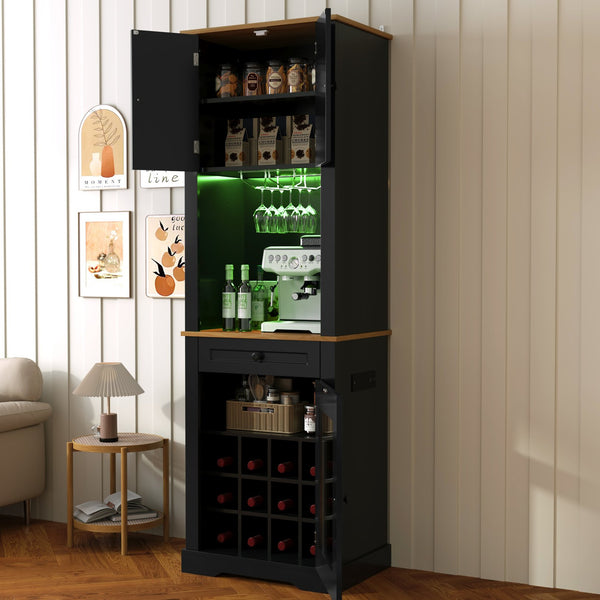 English Elm Bar Cabinet Farmhouse 69 Inch with Rgb Led Barn Door Wine Rack and Charging Station Black N728P438603B