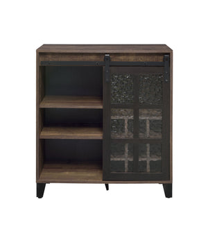 English Elm Treju Rustic Oak & Black Wine Cabinet with Obscure Glass Door, Adjustable Shelves & Stemware Rack B2726P268770