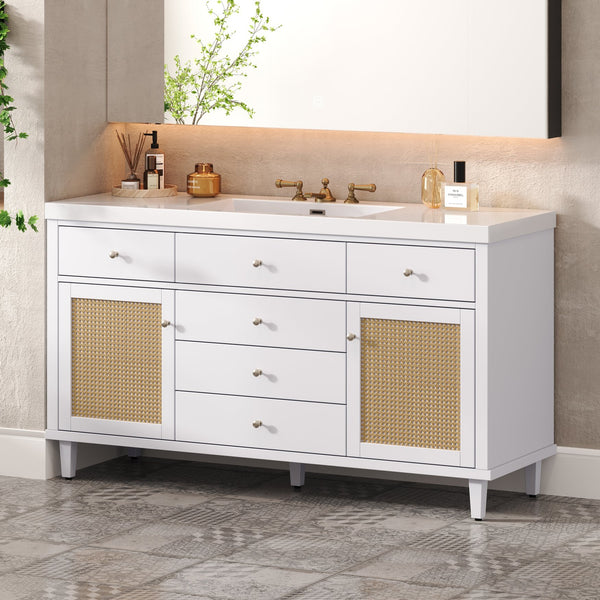 English Elm Christopher Knight Home® - 60" Modern Bathroom Vanity with Durable SMC Sink, Rattan Doors, Soft-Close Drawers, Pine Legs White N817P296130W