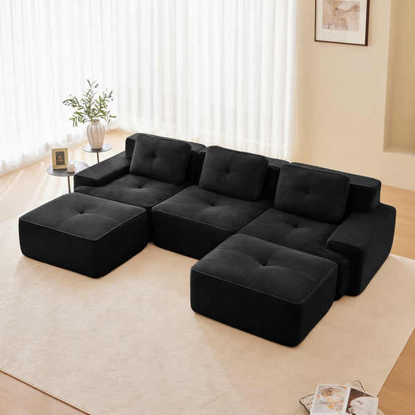 English Elm 117" Modern U-Shaped Modular Sectional Sofa, Black Corduroy, Deep Seat & Movable Ottoman, No Assembly! W714S01478
