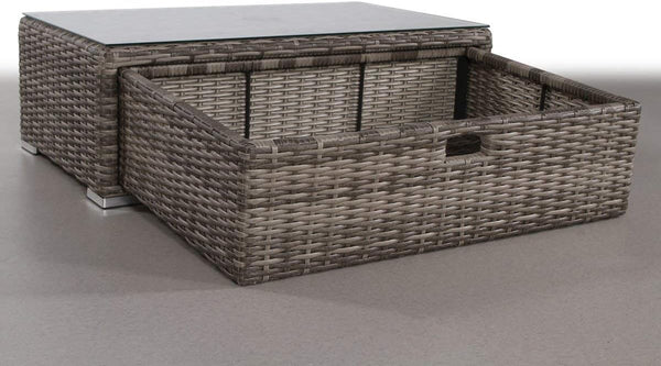 English Elm Fully Assembled Wicker Outdoor Coffee Table with Glass Top and Built-in Storage B120P205092