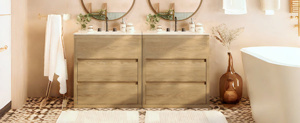 English Elm Christopher Knight Home® - 60" Double Sinks Bathroom Vanity Set with Two Ceramic Basins, Soft-Close Drawers, Sleek Handle-Free Design Natural Wood N817P280550N