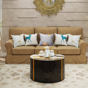 English Elm Black Round Mirrored Glass Coffee Table Gold Sunburst Glam Accent for Living Room Black W3836P382373