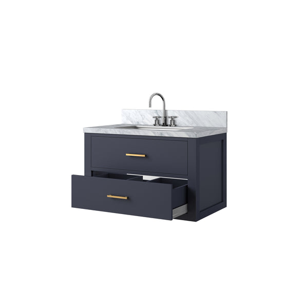English Elm Blue Single Sink Vanity Set With Carrara Marble Top & Chrome Faucet - Elegant Bathroom Upgrade! B2731P257930
