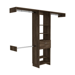 English Elm Cross Closet System premium organizer with one smooth drawer, three metal rods and five open shelves for versatile storage and style Brown 82.68 L x 20.87 W x 3.94 H B128S00082