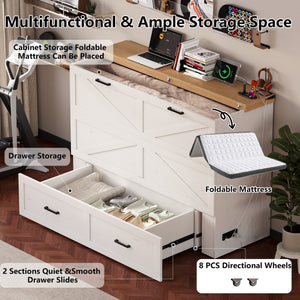English Elm Queen Murphy Cabinet Bed Rustic Grey Farmhouse Style with Charging Station Storage W5271S00002